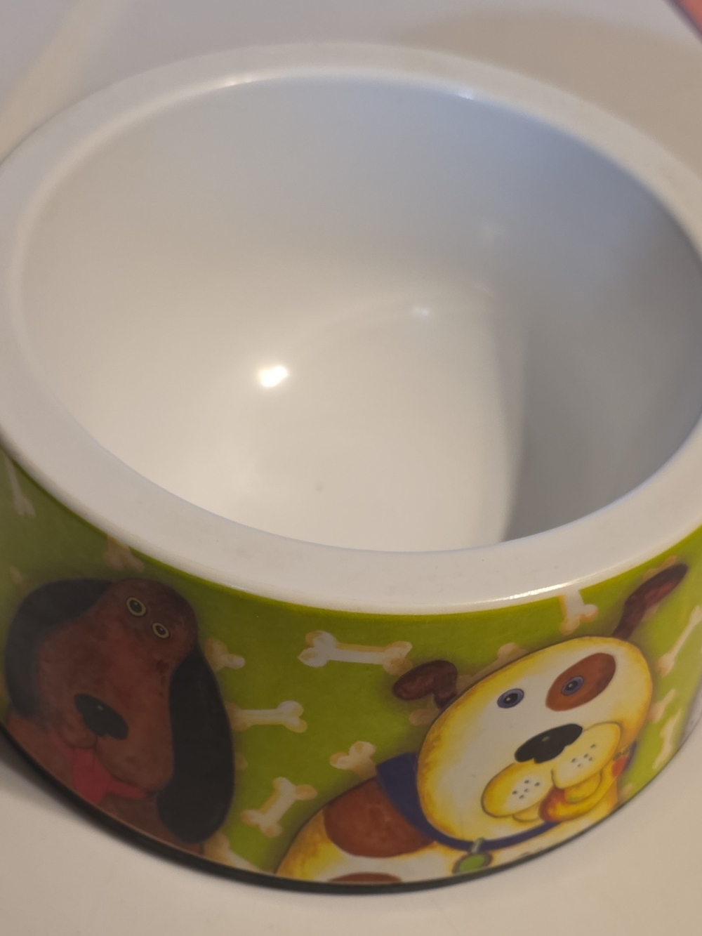 Plastic Dog Bowl in Green with Playful Pup Design